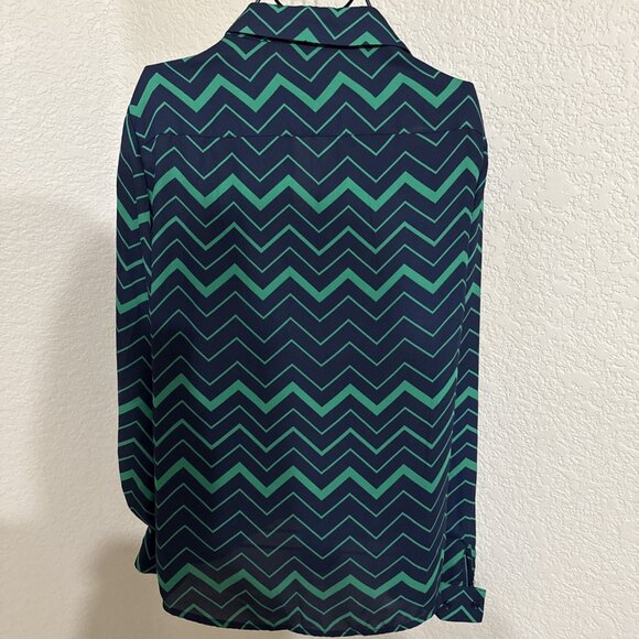 The Limited Zig Zag Long Sleeve Button Down Dress Blouse Size M blue Green - Picture 3 of 3